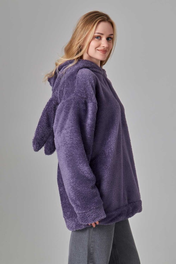  Plush oversized hoodie with ears purple S-46-Unisex-(Женский)    Худи плюшевое оверсайз с ушками на капюшоне фиолетовый цвет 