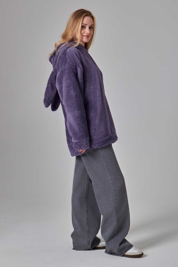 Худи плюшевое оверсайз с ушками на капюшоне фиолетовый цвет   Магазин Толстовок Женские теплые худи оверсайз с начесом