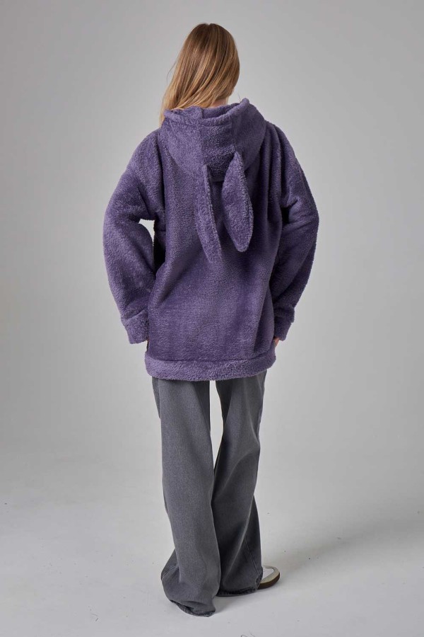 Худи плюшевое оверсайз с ушками на капюшоне фиолетовый цвет   Магазин Толстовок Женские теплые худи оверсайз с начесом