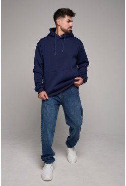 Мужская худи темно-синяя с капюшоном премиум качества 340гр/м.кв