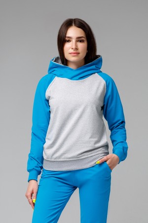 Женский летний лонгслив серый с бирюзовым рукавом-реглан с капюшоном