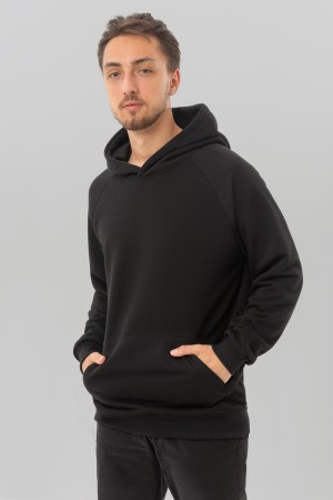 Худи реглан черная без начёса демисезонная с капюшоном мужская (унисекс)