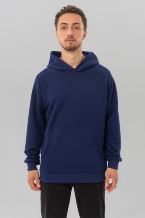 Худи реглан темно-синяя (индиго) без начёса демисезонная с капюшоном мужская унисекс