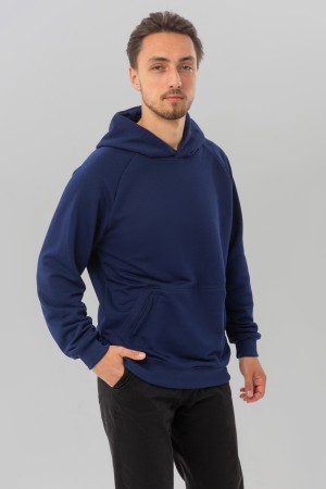 Худи реглан темно синяя (индиго) без начёса демисезонная с капюшоном мужская