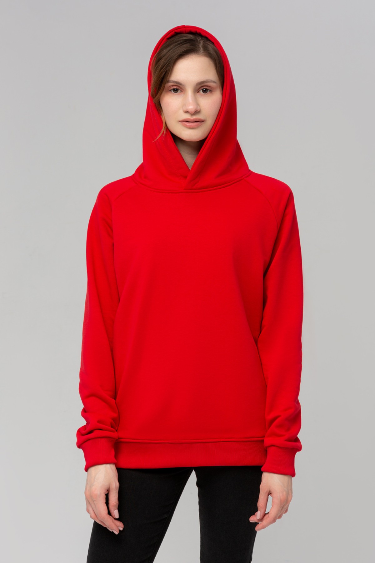 Худи реглан без начёса на петле красный с капюшоном женский унисекс — фото 19