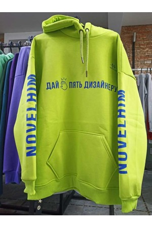 Печать на худи на заказ: салатовый оверсайз + синий логотип - пример выполненной работы