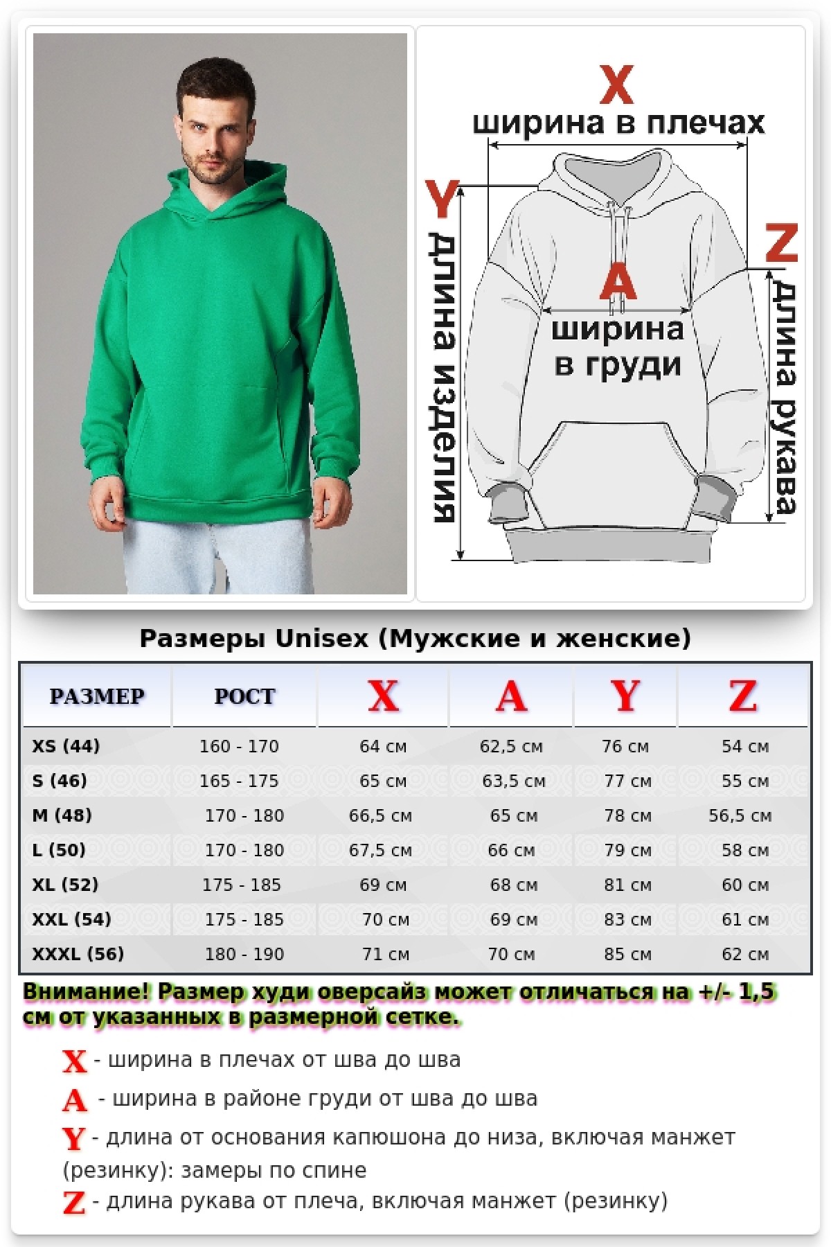 Худи оверсайз мужская цвет аквамарин (зеленый) петельная без начеса демисезонная — фото 10