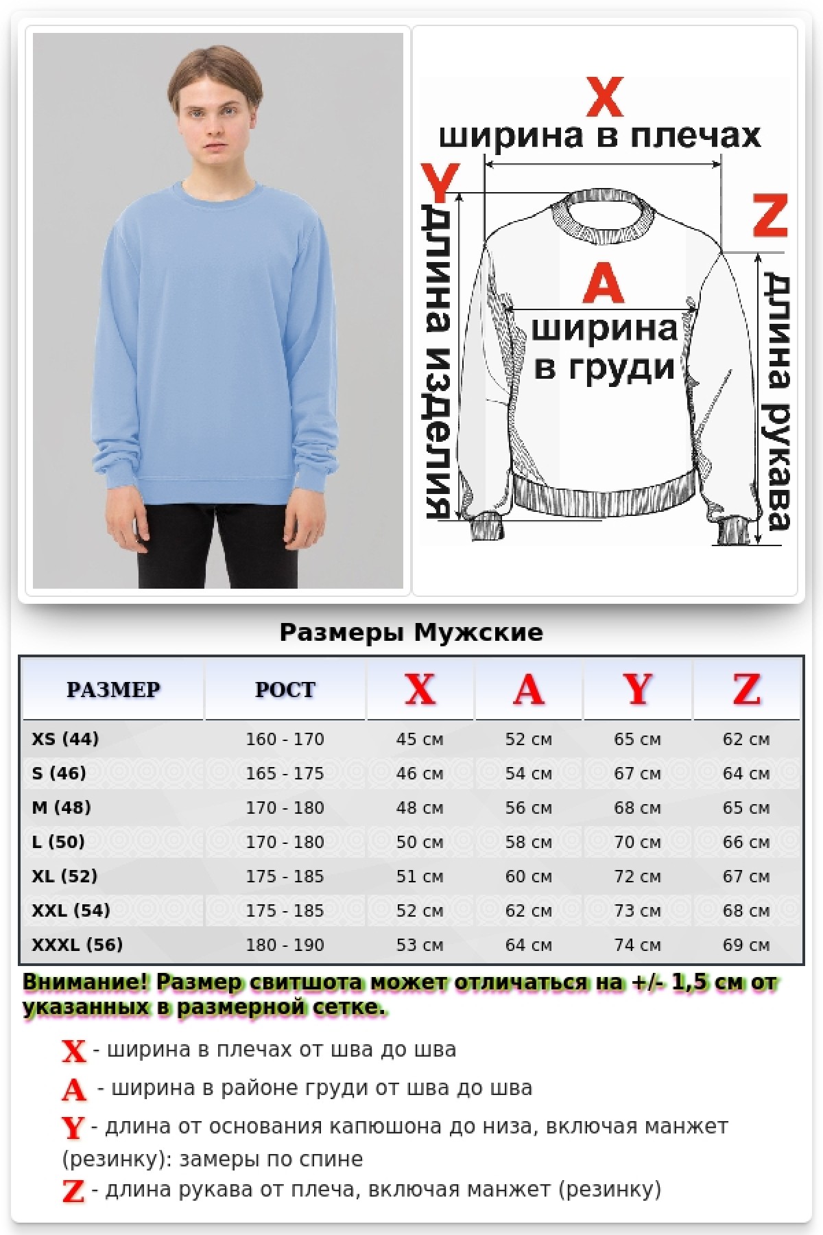 Свитшот голубой промо с начесом из футера 2-х нитка 240 гр/м мужской — фото 2