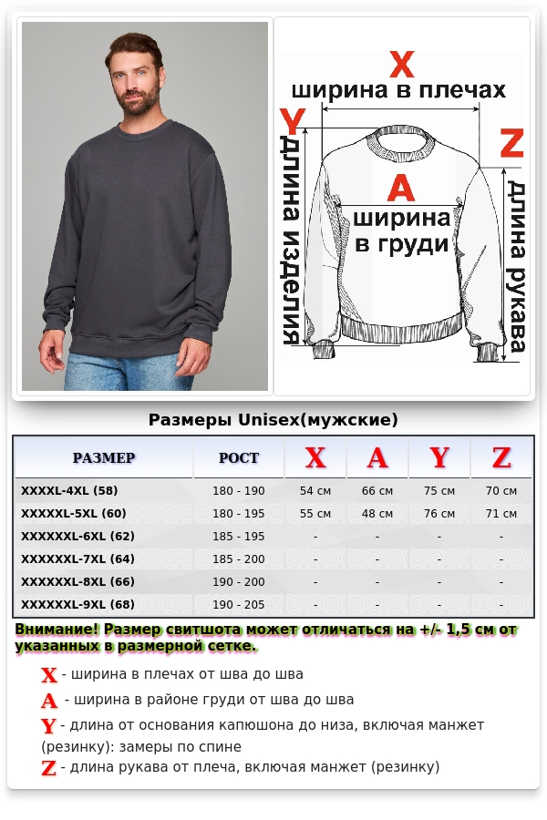 Мужской графитовый свитшот классический без начеса петельный 320гр/м2	   Магазин Толстовок Свитшоты больших размеров мужские Big Size